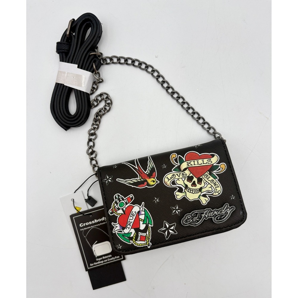 Ed‎ Hardy Black Crossbody Bag Wallet Chain Tattoo Skulls Tiger Eagle Vegan